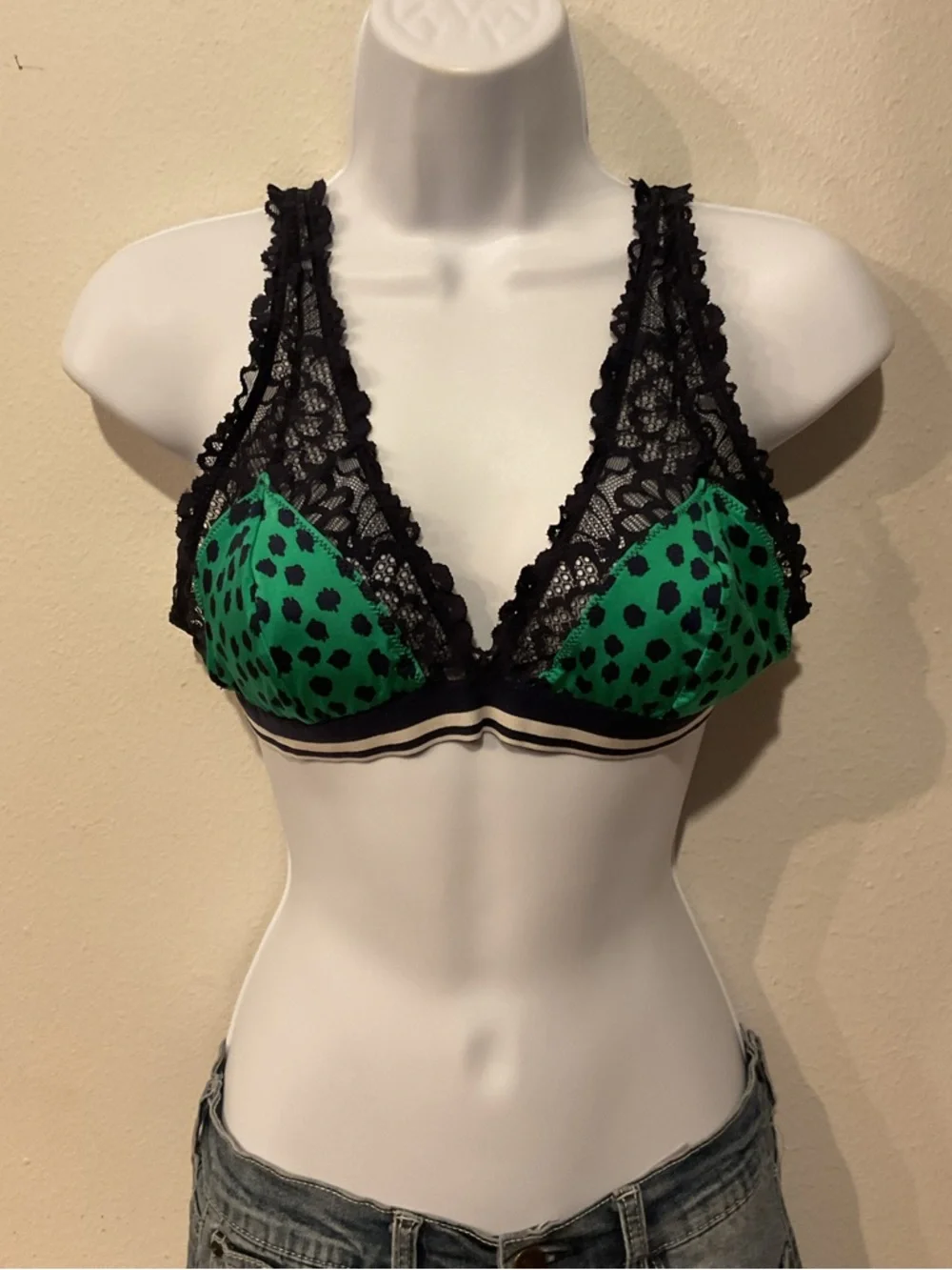 Aerie Green Lace Triangle Bralette | Med Leopard Print Mesh Soft Cup | Swim Top - Picture 5 of 11